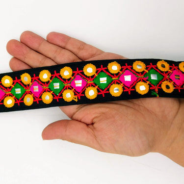 Black Multicoloured Indian Mirror Trim, Kutch Embroidered Navratri Garba Dress Trim Bridal Lace, Indian Sari Border 38 mm Wide Trim Per Yard